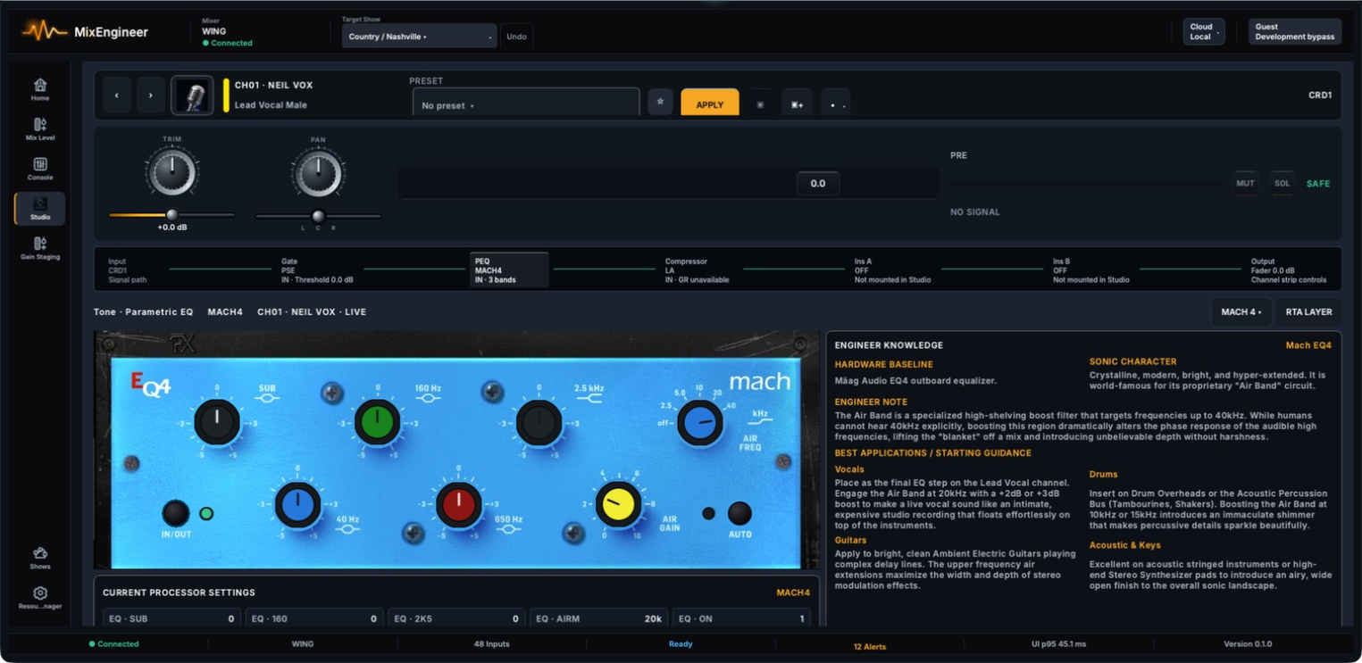 Channel Studio showing a selected vocal and its real WING processing chain.