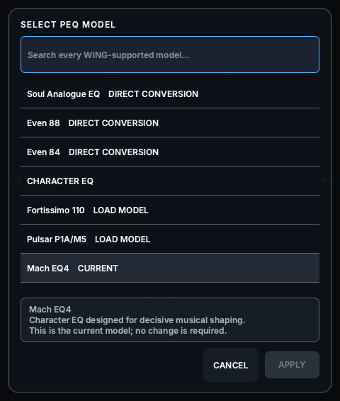 Current PEQ model chooser listing Soul Analogue EQ, Even 88, Even 84, Fortissimo 110, Pulsar and Mach EQ4.