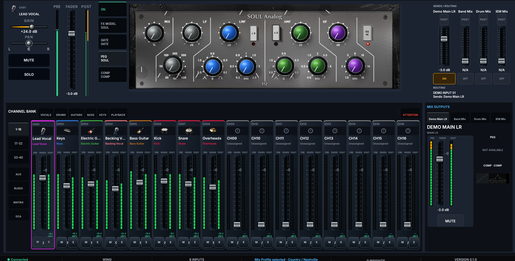 Console with channel strip, canonical processor faceplate, channel bank, sends and Mix Outputs.