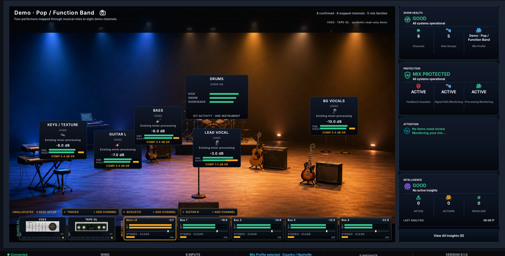 MixEngineer Home with a personal stage photograph and role cards positioned over the band.