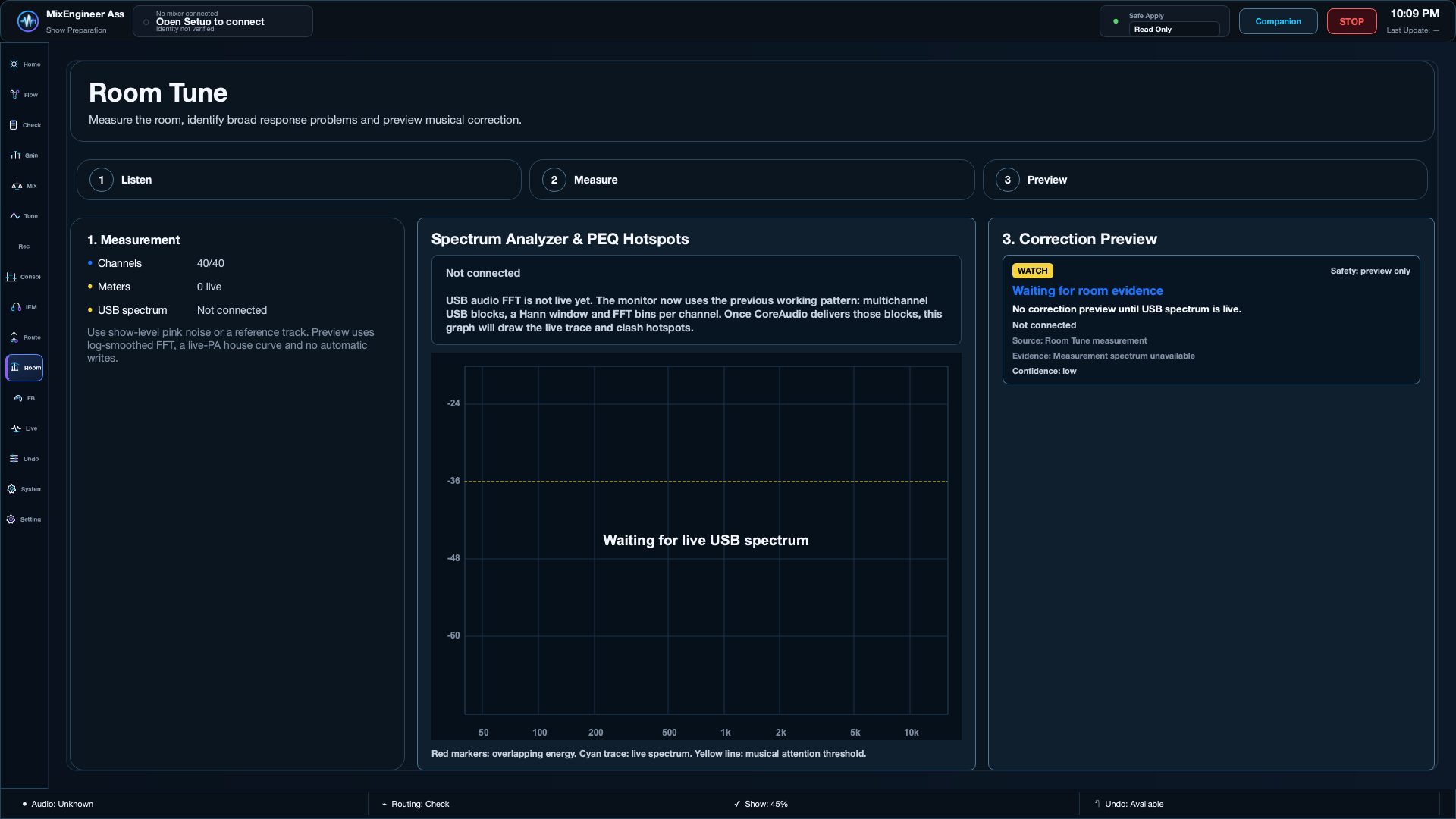 Room Intelligence workspace showing measured response and prediction.