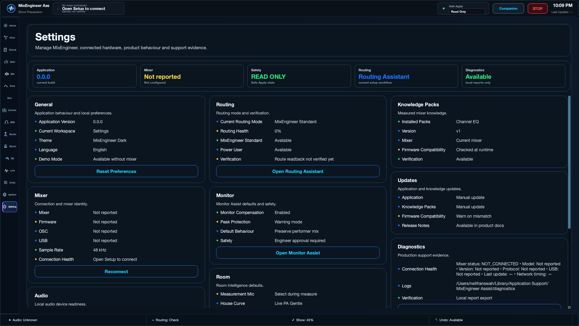 Settings workspace showing product management options.